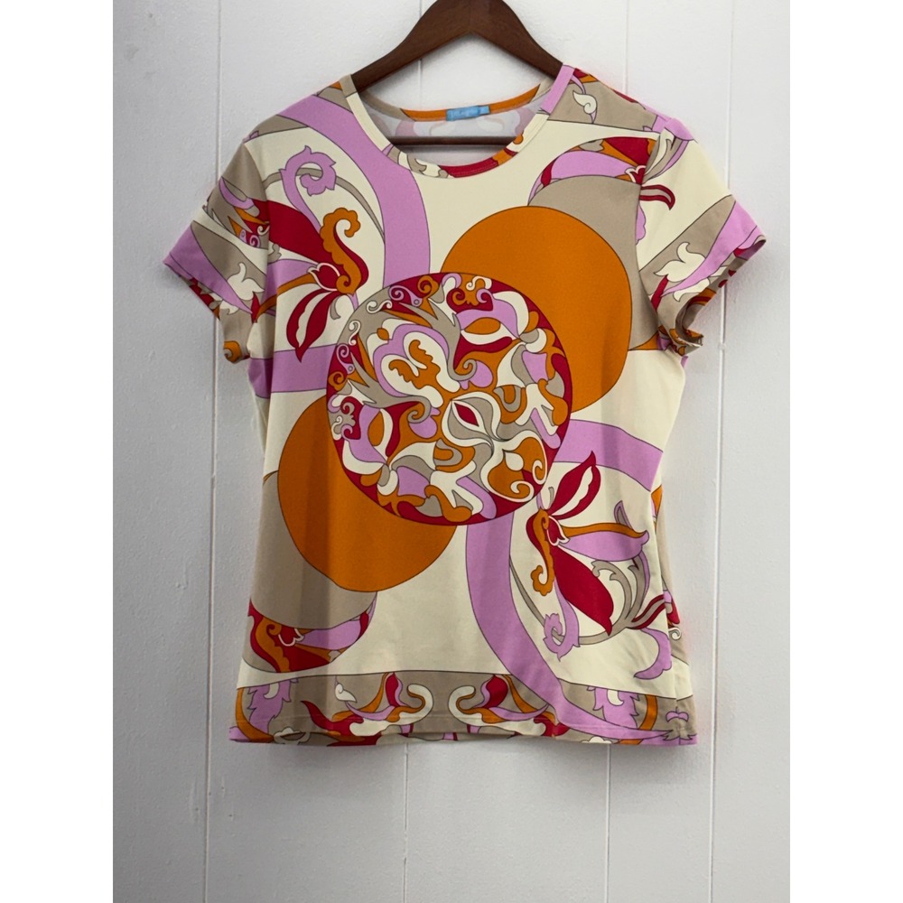 J.McLaughlin Short Sleeve Tee Retro Geometric Floral Print Pink Orange Size XL